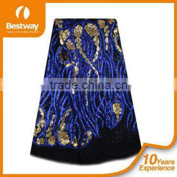 Bestwaytex FL0049 In Royal Blue Color French Cord Lace Silk Chiffon Fabric With Shiny Sequins