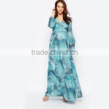 Maternity Printed Maxi Long Sleeve Maternity Dress for Muslim With Wrap Front photo-4