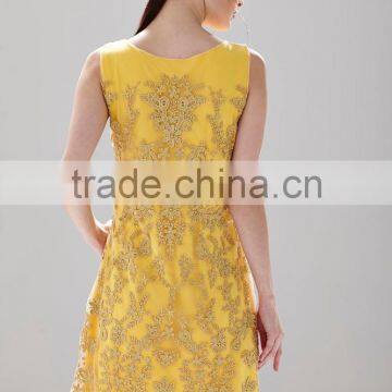 Boat -neck Sleeveless Gold Chiffon Ladies Gorgeous Fashion Dress SR- D9793 photo-5