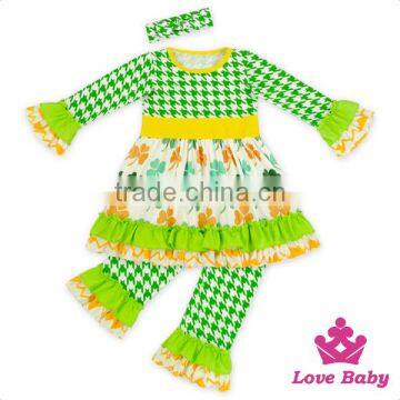 St. Patricks Day Long Sleeve Green Lucky Clover Pattern Printed Icing Pants Matching Children Two Piece Outfits