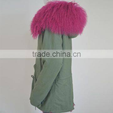 Myfur Genuine Dyed Mongolian Lamb Fur Hooded Parka With Sheep Fur Lining Green Cotton Parka photo-5