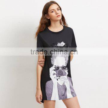 Printed Black Bow Dresses for 15-20 Years Girls Short Sleeve Tee Dress photo-2