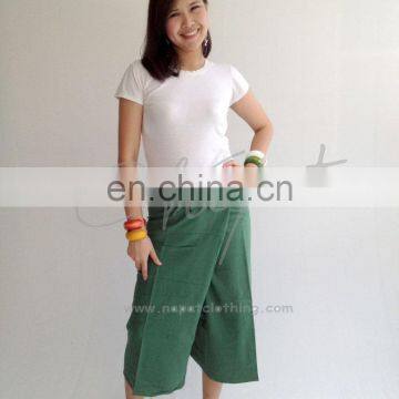 100% Thai Cotton Fisherman Pants Massage Leaf Green Short Wrap Trousers Thai Fashion