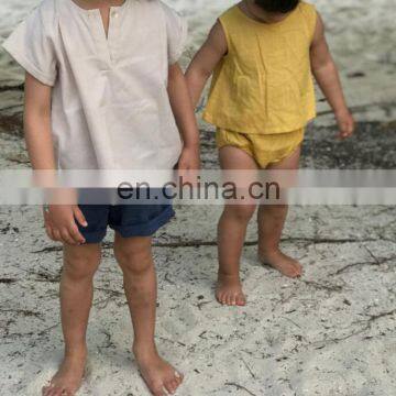 New Soft Yellow Two Pieces Baby Cotton and Linen Clothes Sets Top Tshirt & Shorts 2pcs Set photo-3