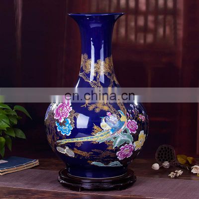 Antique ceramic decorative blue vase with flower pattern under glazed for home goods