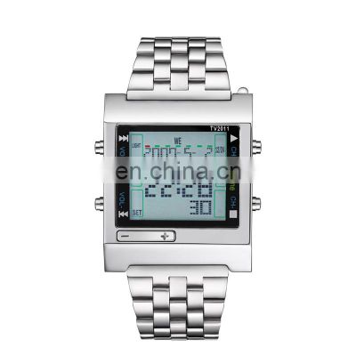 TVG TV2011 Men Digital Movement Watch Casual  Multi-function Stainless Steel Band Watch Alarm Back Light