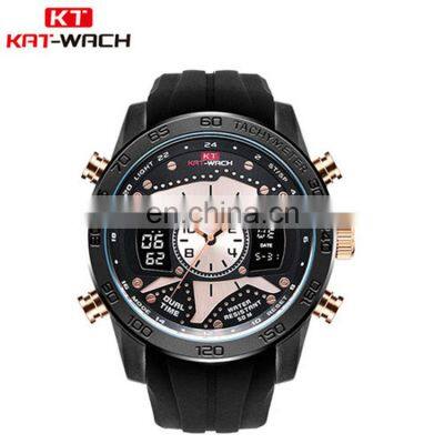 Low Moq KAT-Wach KT714 Mens Digital+Quartz Wrist Watches With LED&Auto Date Display Silicon Sport Watches photo-3