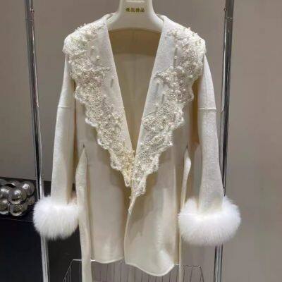 New Autumn and Winter Bespoke Lace Wool Coat, Women's Mid-length Fox Fur Double-sided Woolen Cape Coat photo-3