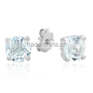 blue topaz Sterling Silver Ladies Basket Setting Stud Earrings