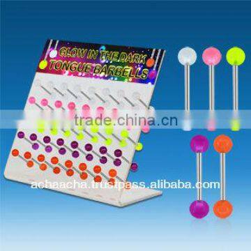 Display with 40 pieces Surgical steel tongue barbell, 14g (1.6mm) with 6mm acrylic glow in the dark balls - length 5/8" 16mm