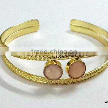 Pink Chalcedony Facet Two Stone Brass Gold Plated Cuff Bangles, Brass Drsigner Bangle, Fashionable Gemstone Bangle