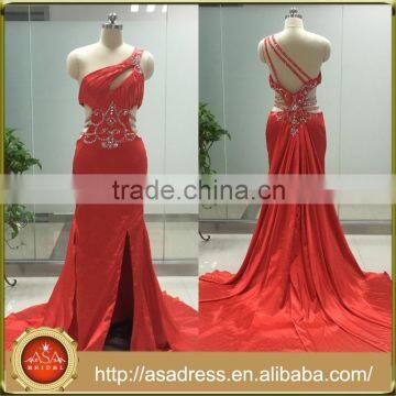 ASAP-03 One Shoulder Pleats Crystals Beaded Split Side A-line Court Train Red Evening Dresses