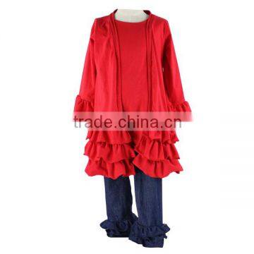 2016 Kaiyo Persnickety Girls Boutique Fall 3 Pcs Ruffle Clothing Sets Crimson Cardigan Jacket And Denim Ruffle Pant Outfits