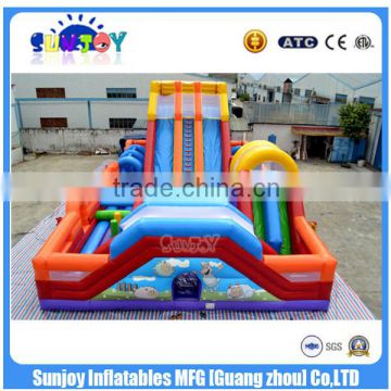 Cheap Giant Inflatable Amusement Park With Double Lane Slide N Obstacles