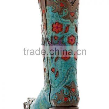 Womens Brown Turquoise Robin Flower Print Western Leather Rodeo Cowgirl Boots photo-2