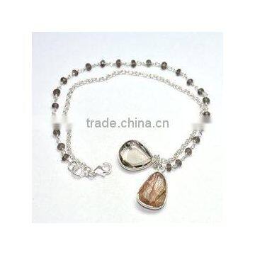 Natural Talpy Smoky+Golden Rutiled Quartz Gemstone Sterling Silver Bracelet