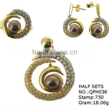 QPH036 18k gold jewelry sets wholesale from guangzhou,latest design earrings&pendant&ring jewelry sets with pearl 2013