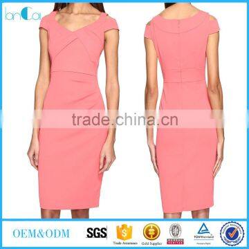 2017 Summer Pink color V neck women career office dresses