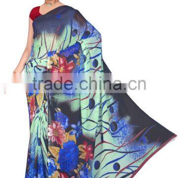 Beige & Black Colored Georgette Satin Printed Saree. photo-2