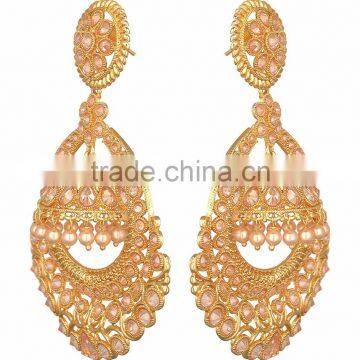 BIG Crystal Gold Tone Chand Bali JHUMKA DANGLER EARRINGS photo-2