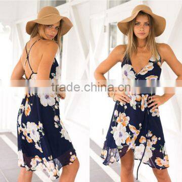 2016 Summer New Euro Style Flower printed Sleeveless Condole belt dress /gallus dress /sexy chiffon casual dress for ladies