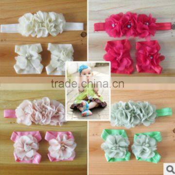 Hot 2014 fashion popular children's hand stitching Chiffon Rhinestone Flower Hair Band foot flower set and baby wrist flower