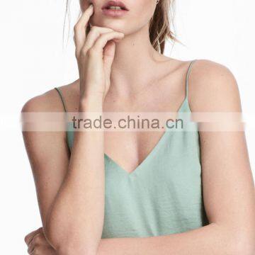 Slight Sheen Women Sleeveless Spaghetti Straps Cami V-neckline Tank Tops photo-3