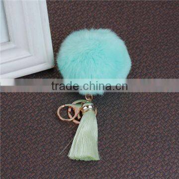 Fashion Gold Plated Mint Green Angora Pom Pom Ball Grass Green Rayon Tassel Keychain photo-2