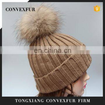 Fur bobble hats for women lady beanies raccoon fur bobble knitted beanies