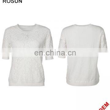White Crew Neck Ribbed Cuffs Lace Knit Jumper Woman
