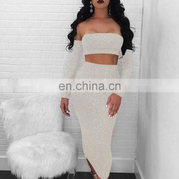 Shiny Party Sexy Dress Women Hollow Out Strapless Tie-up Fashion Dress Fashion Long Sleeve Pleated Dresses Slim Set photo-5