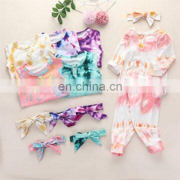 Newborn Baby Girls 2pcs Clothing Set Long Sleeve Tie Dye Romper Top + Pants + Headband 3pcs Outfits Clothes Set photo-2