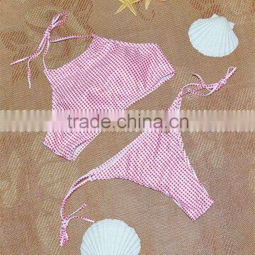 2016 Summer New Small Plaid Halter High Neck Bikini Set Crop Top Sey Thong Triangle Bottom Bandage Women Swimwears SwimSuit photo-3