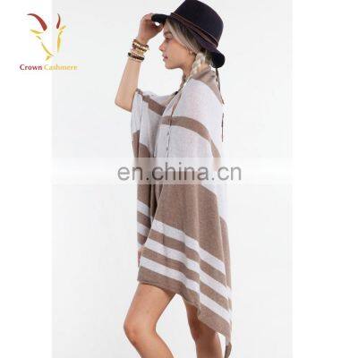Cashmere Wool Knitted Poncho Shawls With Buttons Stripe Color Block Shawl photo-2