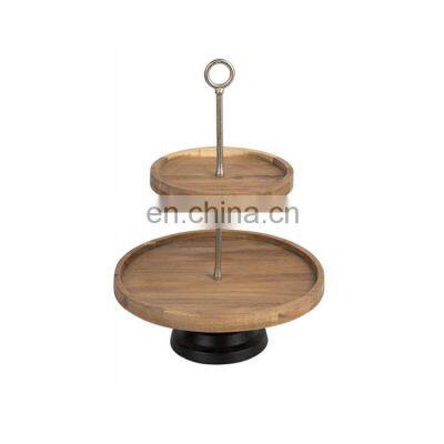 K&B 2-tier acacia wooden large food tray round wood multi-tier stand tray for food and fruit