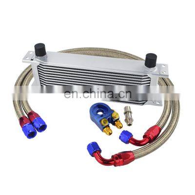 AUSO Universal 13 Rows Oil Cooler Kit Oil Filter Sandwich Adapter With Nylon Stainless Steel Braided AN10
