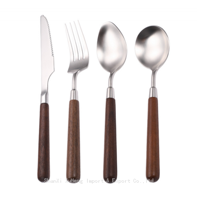 High Quality Wholesale China Factory Price Set of 4 Pieces Plated Silverware Cutlery Set Stainless Steel With Round Wood Handle Dinner Knife Fork Spoon