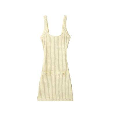 European and American women's elastic knitted button embellished suspender short dress