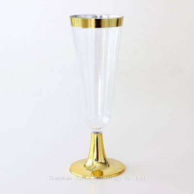 Bulk Decorative Champagne Wine Glass - Gold Rim/Glitter Plastic, Wedding Reception Glassware photo-5