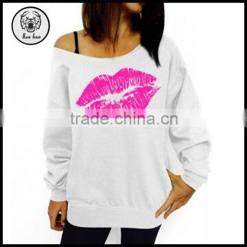 Couple Lover Sweatshirt 2015 Latest Design Women One Shoulder French Terry Wholesale Crewneck Sweatshirt with Sexy Red Lip Print