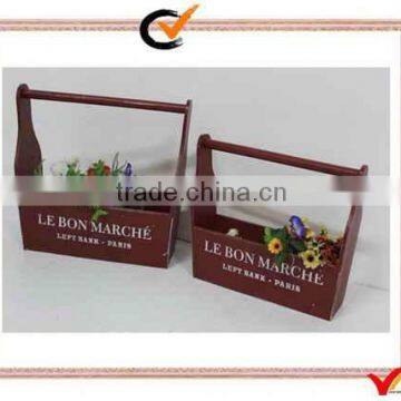 red hand paint wood flower storage planter basket handle