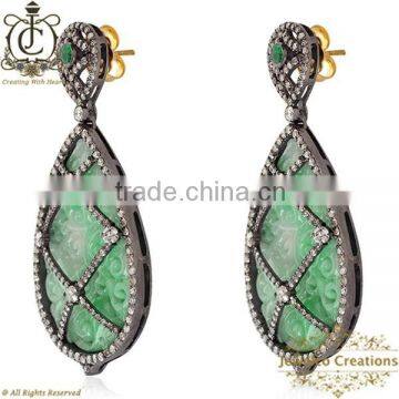 14K Gold Diamond Pave Carving Earrings, Diamond Pave Silver Earrings, Green Agate Gemstone Carving Earrings, Gemstone Jewelry