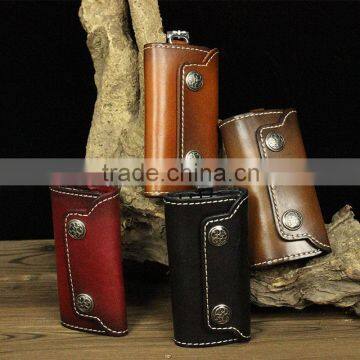 Japan style genuine leather key wallet holder with 6 hooks