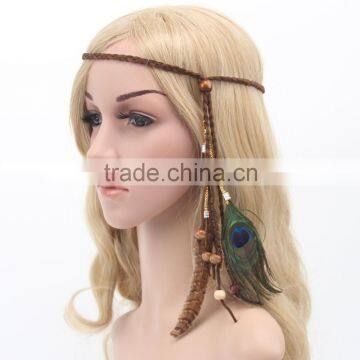 DSHB01 Tribal Hair Band Indian Peacock Feather Pendant Headband Golden Leaves Rope Knitted Belt Elastic Hairband photo-4