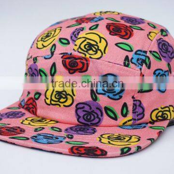 Flat brim 5 panel colorful flower camper cap