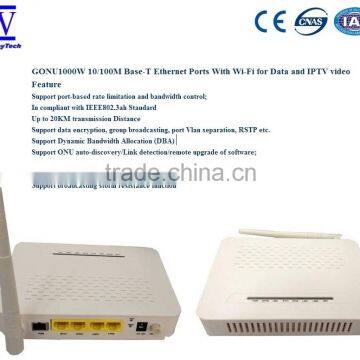 GONU1000W Gepon ONU with Wi-Fi,four 10/100M Base-T Ethernet ports with Wi-Fi for Data and IPTV video services