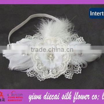 Double Feather and Bead Decorated Elastic Headband Bridal Flower