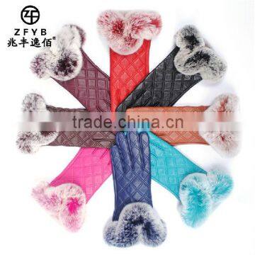 wholesale women Winter warm color rabbit fur lined leather gloves