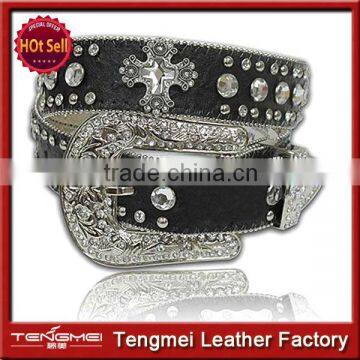 COWBOY WESTERN CRYSTAL STUDDED BLACK LEATHER RHINESTONE CROSS CONCHO BELT