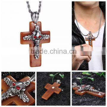 Fashion cool punk design lucky stainless steel skull with ruby pinkeye agate pendant cross pendant necklace